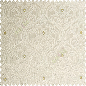 Beige gold color traditional embroidery patterns damask with golden oval shaped designs swirls texture finished base polyester fabric main curtain