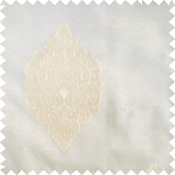 White cream color traditional decorative designs big damask patterns swirls small circles texture finished polyester transparent fabric sheer curtain