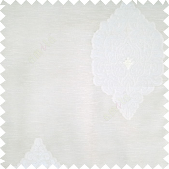 White cream color traditional decorative designs big damask patterns swirls small circles texture finished polyester transparent fabric sheer curtain