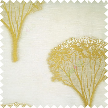 Yellow cream beige color natural designs big trees with small leaves branches texture finished surface polyester transparent net fabric sheer curtain