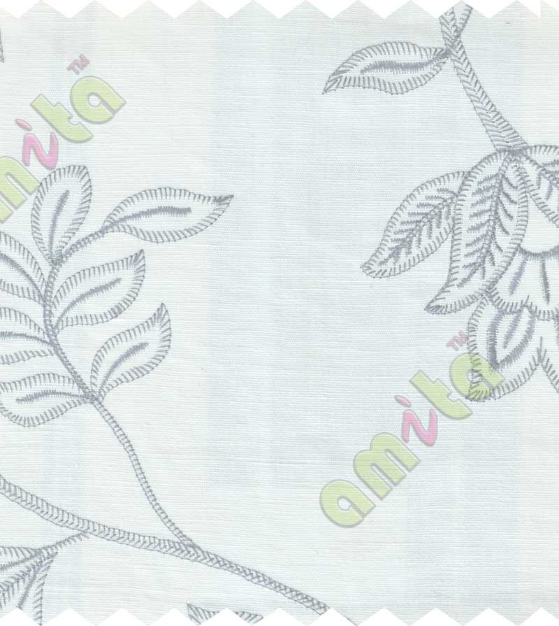White with grey premium floral embroidery main cotton curtain designs