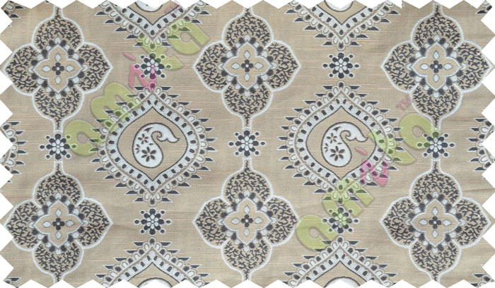 Black beige white color beautiful motif pattern with horizontal pencil stripes poly main curtains design - 104412