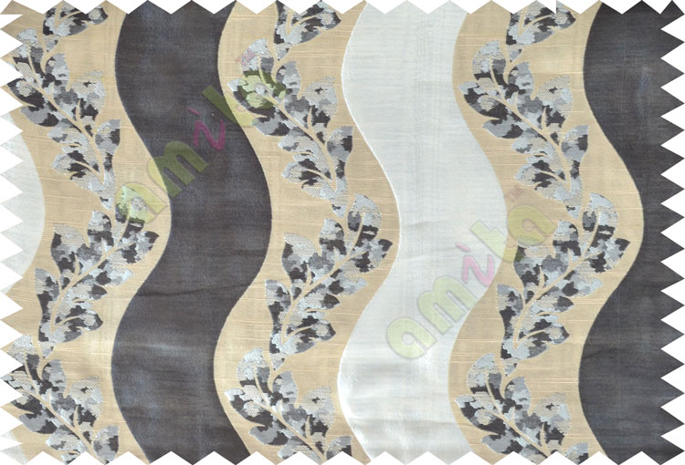 Black beige grey color vertical flowing stripes with flower pattern poly main curtain - 104415