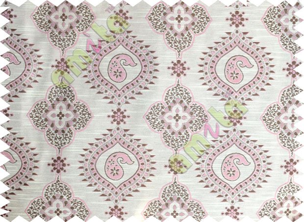 Pink brown beige white color beautiful motif pattern with horizontal pencil stripes poly main curtains design - 104439