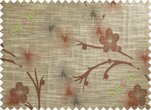 Brown Maroon Beige Twig Floral Design Polycotton Main Curtain-Designs