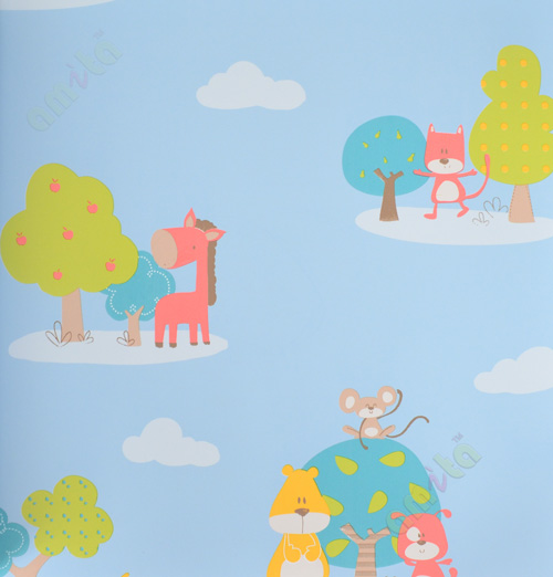 Kids blue orange green tree with horse mouse home décor wallpaper