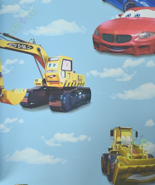 Kids blue red car bulldozer cloud home décor wallpaper