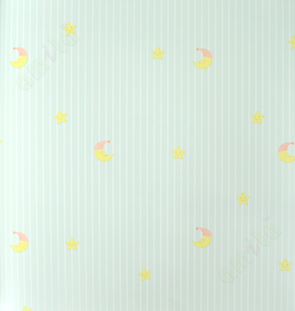 Kids green white star moon vertical stripes home décor wallpaper