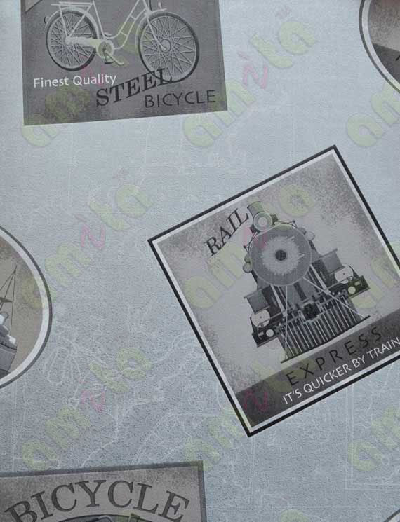 Black and white grey silver cycle big ship toy train with background war city map home décor wallpaper