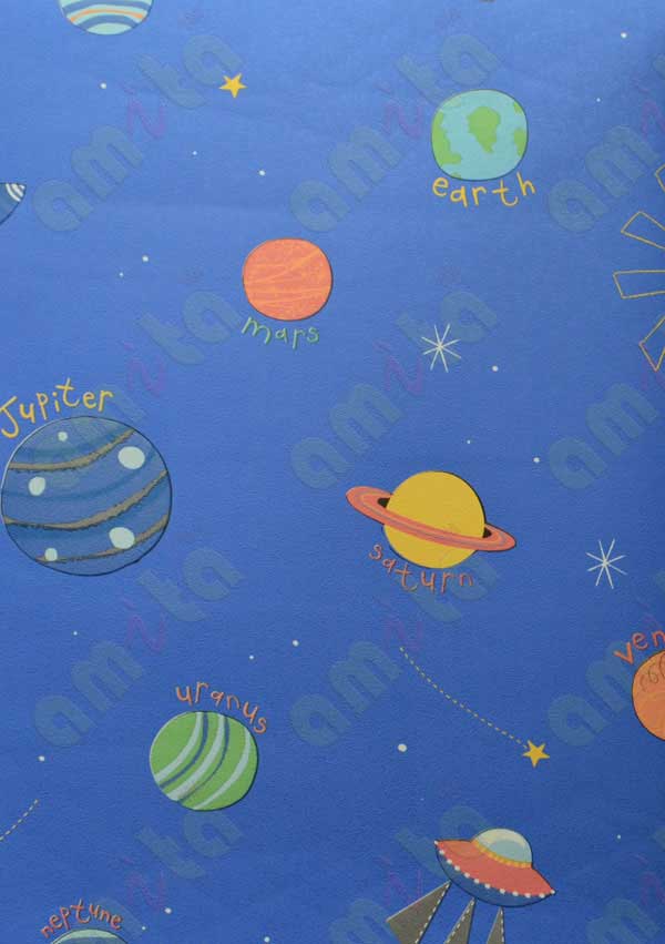 Blue white yellow orange green all planets astronaut ship kids home décor wallpaper