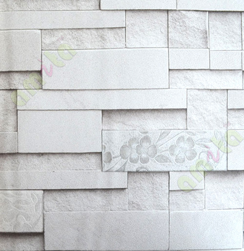 White black silver stone cut finish brick design with floral cropped home décor wallpaper for walls