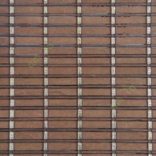 Brown gold color horizontal stripes wooden slats with sticks vertical thread weaving stripes rollup chain roman chain and lock pulley system blinds