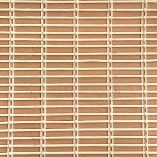 Beige mustard yellow color horizontal stripes wooden slats with overlapping sticks vertical thread weaving stripes rollup chain roman chain and lock pulley system blinds