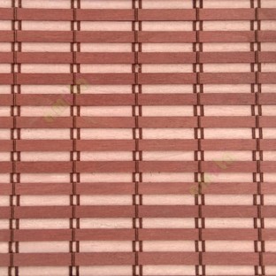 Brown peach color horizontal stripes wooden slats with overlapping sticks vertical thread weaving stripes rollup chain roman chain and lock pulley system blinds