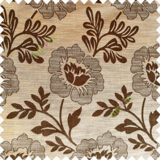 Dark coffee brown yellow color beautiful big flower patterns texture finished designs leaf long hanging flowers horizontal lines petals polyester main curtain