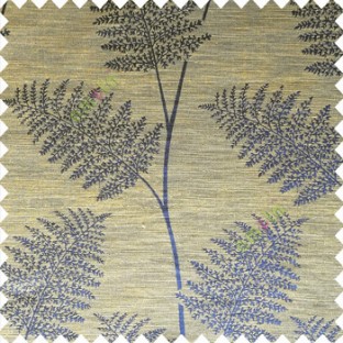 Blue brown color natural big twig horizontal thin lines very fine designs small leaf patterns polyester main curtain