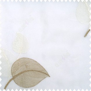 Brown cream white color beautiful floral leaves embroidery designs with transparent net finished base fabric polyester sheer curtain