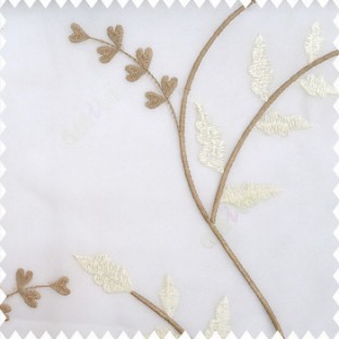 Brown cream white color large size of flowing embroidery lines with heart shape leaves transparent polyester net base fabric sheer curtain