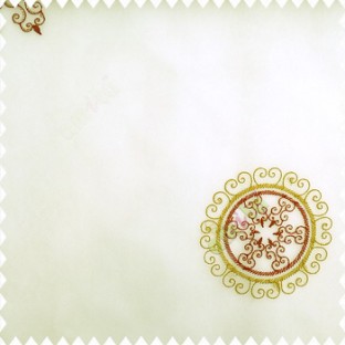 Maroon green gold color traditional designs decorative circle swirls with transparent base polyester fabric embroidery pattern sheer curtain