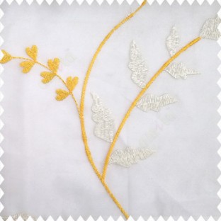 Yellow white cream color large size of flowing embroidery lines with heart shape leaves transparent polyester net base fabric sheer curtain