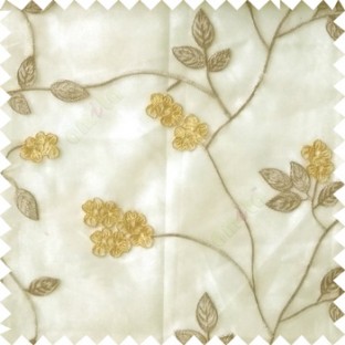 Beige yellow white color beautiful natural floral leaf design embroidery patterns with transparent base fabric flowers blossom sheer curtain