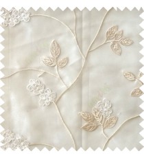 White cream color beautiful natural floral leaf design embroidery patterns with transparent base fabric flowers blossom sheer curtain