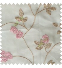 Pink beige white color beautiful natural floral leaf design embroidery patterns with transparent base fabric flowers blossom sheer curtain