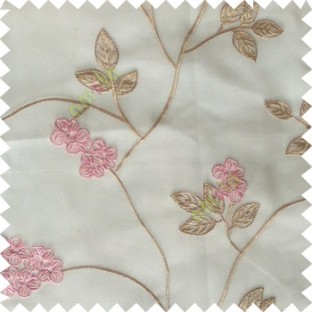 Pink beige white color beautiful natural floral leaf design embroidery patterns with transparent base fabric flowers blossom sheer curtain