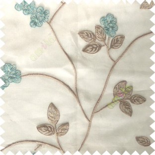 Blue grey color beautiful natural floral leaf design embroidery patterns with transparent base fabric flowers blossom sheer curtain