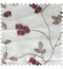 Maroon white beige color beautiful natural floral leaf design embroidery patterns with transparent base fabric flowers blossom sheer curtain