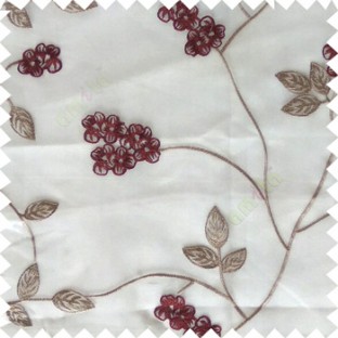 Maroon white beige color beautiful natural floral leaf design embroidery patterns with transparent base fabric flowers blossom sheer curtain