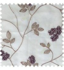 Purple grey color beautiful natural floral leaf design embroidery patterns with transparent base fabric flowers blossom sheer curtain