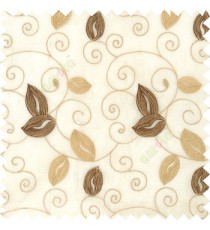 Brown cream white color embroidery traditional designs floral leaf pattern horizontal lines with transparent base fabric sheer curtain