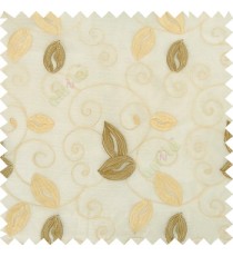 Cream white gold color embroidery traditional designs floral leaf pattern horizontal lines with transparent base fabric sheer curtain