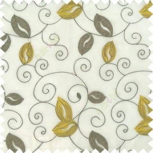 Yellow grey white color embroidery traditional designs floral leaf pattern horizontal lines with transparent base fabric sheer curtain