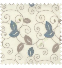 Blue grey white color embroidery traditional designs floral leaf pattern horizontal lines with transparent base fabric sheer curtain