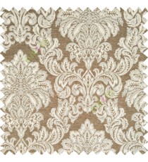 Brown silver color traditional damask designs texture gradients swirl floral leaves ferns polyester main curtain
