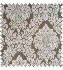 Black silver color traditional damask designs texture gradients swirl floral leaves ferns polyester main curtain