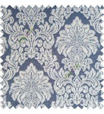 Navy blue silver color traditional damask designs texture gradients swirl floral leaves ferns polyester main curtain