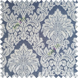 Navy blue silver color traditional damask designs texture gradients swirl floral leaves ferns polyester main curtain