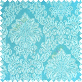 Aqua blue silver color traditional damask designs texture gradients swirl floral leaves ferns polyester main curtain