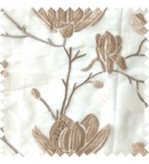 Grey beige color natural floral tree flowers branch buds embroidery pattern with transparent polyester background sheer curtain