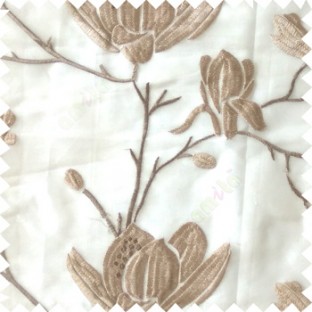 Grey beige color natural floral tree flowers branch buds embroidery pattern with transparent polyester background sheer curtain