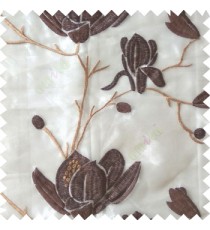 Brown beige color natural floral tree flowers branch buds embroidery pattern with transparent polyester background sheer curtain
