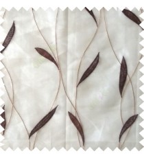 Brown white color vertical flowing lines with embroidery leaf design trendy stripes  pattern with polyester transparent fabric sheer curtain