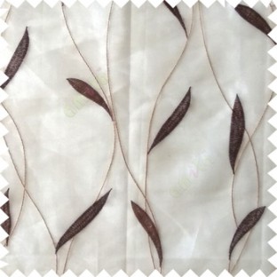 Brown white color vertical flowing lines with embroidery leaf design trendy stripes  pattern with polyester transparent fabric sheer curtain