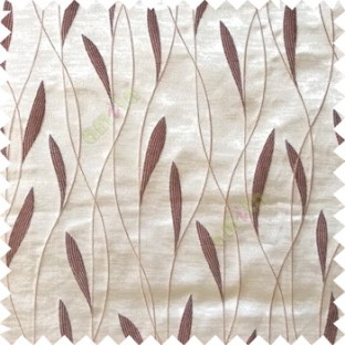 Brown white color vertical flowing lines with embroidery leaf design trendy stripes  pattern with polyester transparent fabric Main curtain