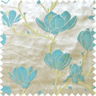 Blue green grey color natural floral tree flowers branch buds embroidery pattern with thick polyester background main curtain