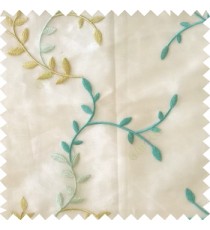 Blue green grey color natural floral hanging leaf vertical embroidery pattern with thick polyester background sheer curtain
