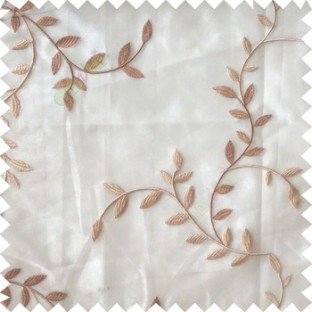 Brown beige color natural floral hanging leaf vertical embroidery pattern with thick polyester background sheer curtain